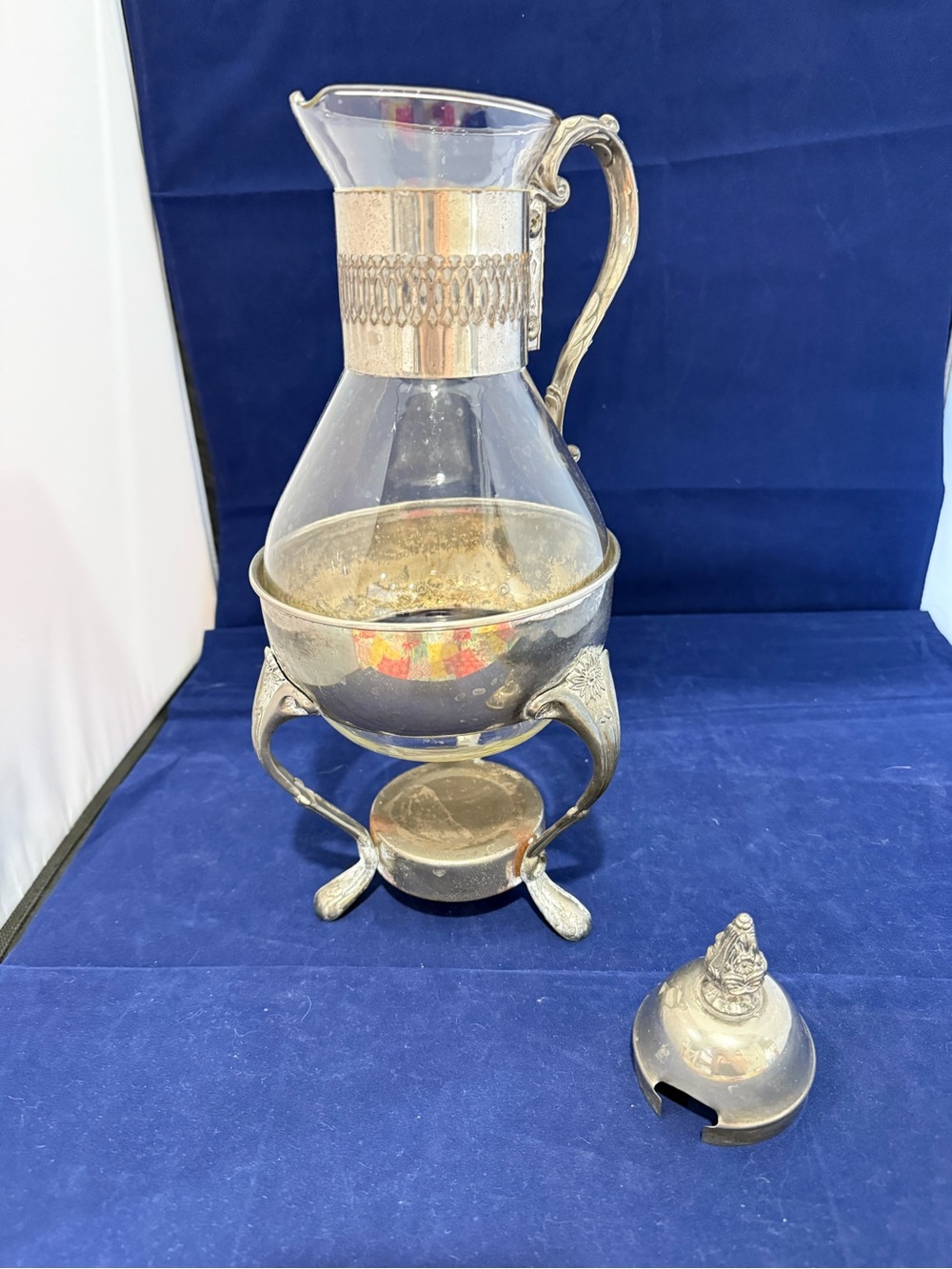 Vintage Antique Glass & Silver Plate Coffee carafe with Stand